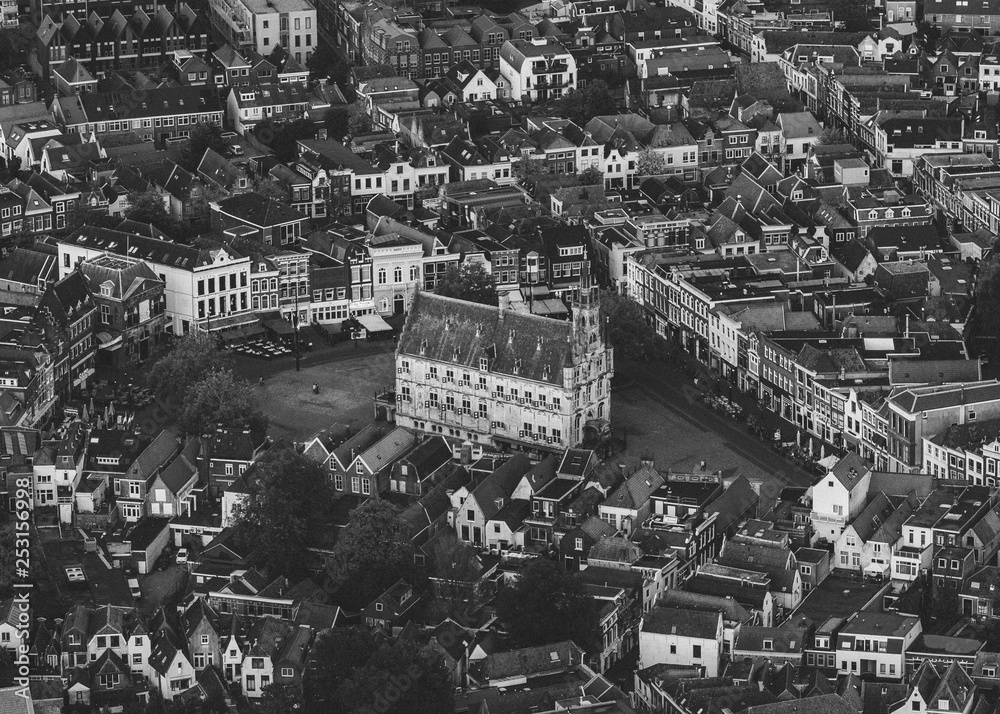 aerial view of gouda town hall from hot air balloon
