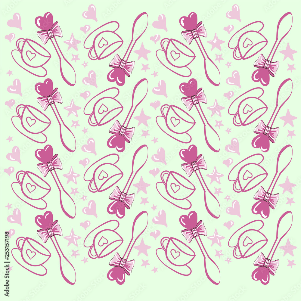 Cute Cartoon seamless pattern. Cup and spoon for baby