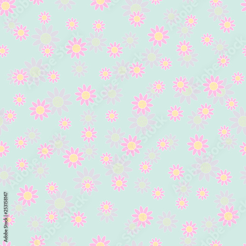 Seamless repeating pattern with pastel pink flowers with shadow. Vector illustration of spring, fresh flowers on mint background. Cute design conception best for print, fabric or wallpaper.