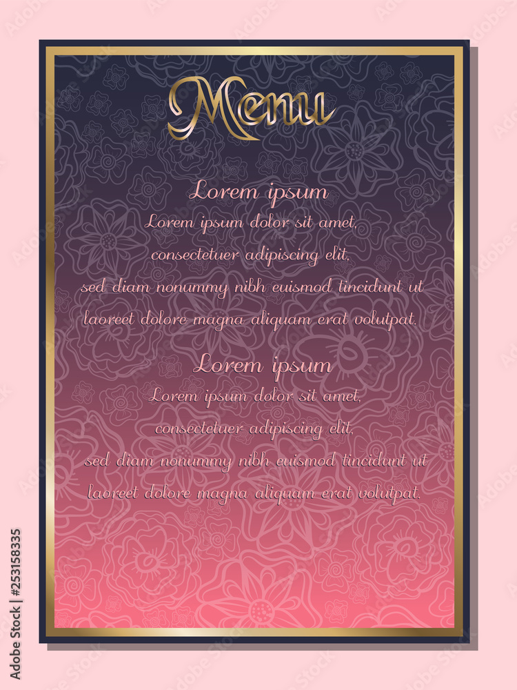 Wedding menu, flower background and gold frame. Vector illustration Wedding menu, flower background and gold frame. Vector illustration