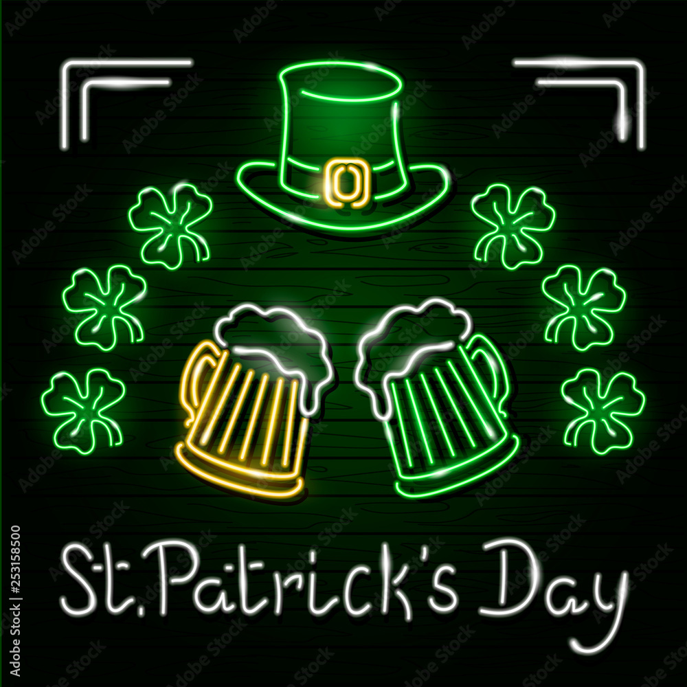 St. Patrick's Day neon design with pints of beer, leprechauns hat and clover on a wooden plank wall. Concept for poster, greeting card, flyer in neon signboard style. Vector 10 EPS illustration. St. Patrick's Day neon design with pints of beer, leprechauns hat and clover on a wooden plank wall. Concept for poster, greeting card, flyer in neon signboard style. Vector 10 EPS illustration.