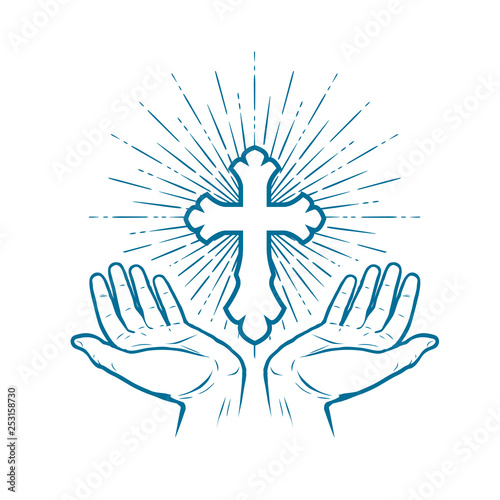 Church logo. Christian Cross icon or symbol. Sketch vector illustration