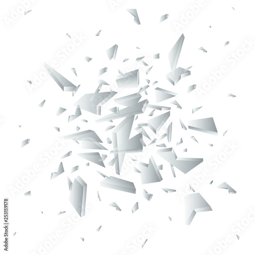 Vector shards of broken glass. Shattered glass pieces isolated on white background. Abstract explosion. 