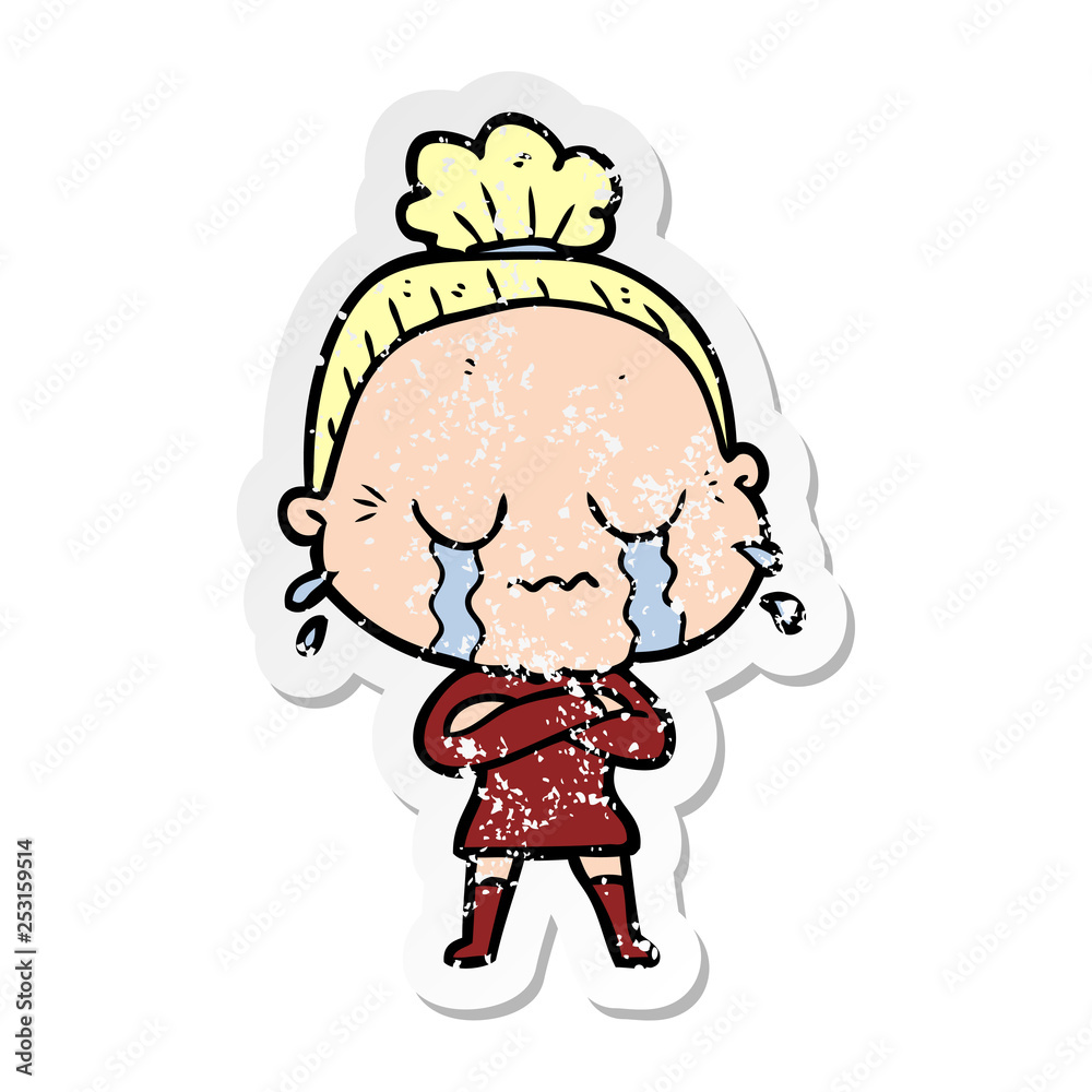 Fototapeta premium distressed sticker of a cartoon crying old lady