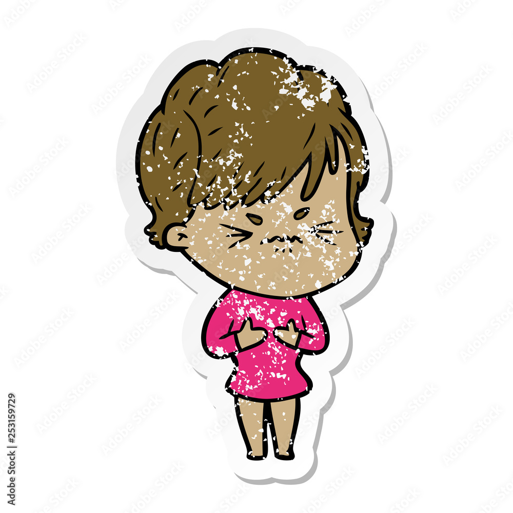 distressed sticker of a cartoon frustrated woman distressed sticker of a cartoon frustrated woman