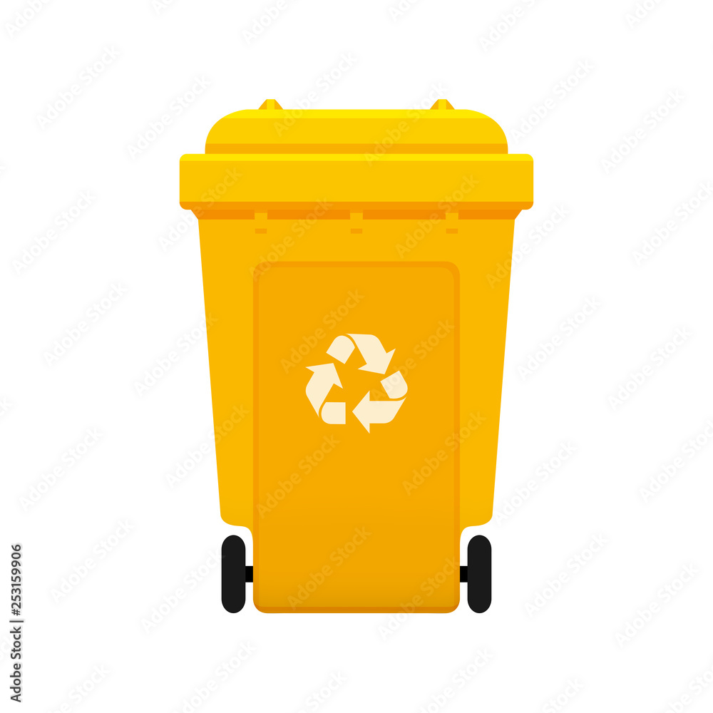 Bin, Recycle plastic yellow wheelie bin for waste isolated on white  background, Yellow bin with recycle waste symbol, Front view of recycle  wheelie bin yellow color for garbage waste Stock Vector