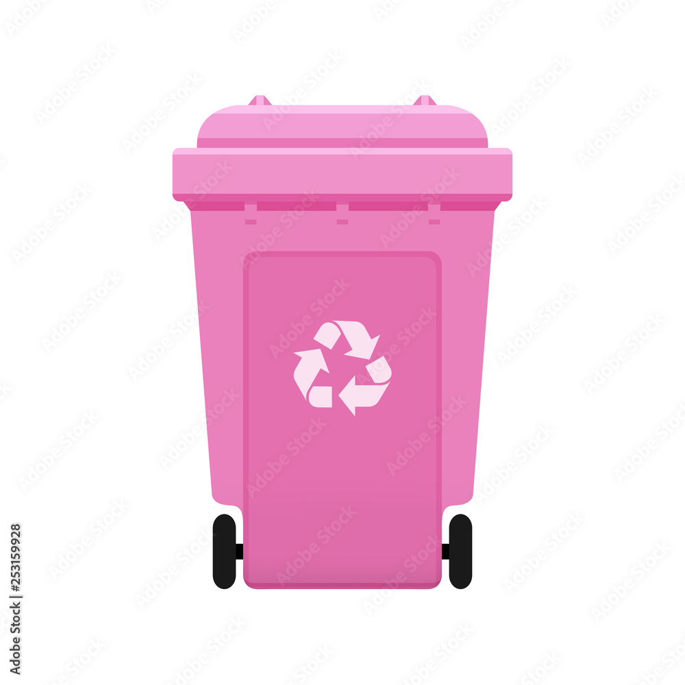 Bin, Recycle plastic pink wheelie bin for waste isolated on white background, Pink bin with recycle waste symbol, Front view of recycle wheelie bin pink color for garbage waste Bin, Recycle plastic pink wheelie bin for waste isolated on white background, Pink bin with recycle waste symbol, Front view of recycle wheelie bin pink color for garbage waste