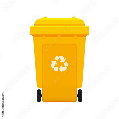 Bin, Recycle plastic yellow wheelie bin for waste isolated on white background, Yellow bin with recycle waste symbol, Front view of recycle wheelie bin yellow color for garbage waste