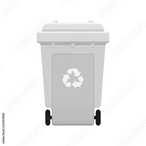 Bin, Recycle plastic grey wheelie bin for waste isolated on white background, White grey bin with recycle waste symbol, Front view of recycle wheelie bin grey color for garbage waste