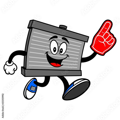 Radiator Mascot running with a Foam Finger - A vector cartoon illustration of a motor radiator mascot running with a Foam Hand.