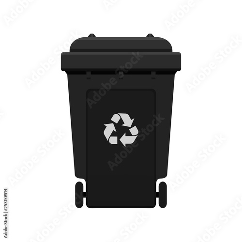Bin, Recycle plastic black wheelie bin for waste isolated on white background, Black bin with recycle waste symbol, Front view of recycle wheelie bin black color for garbage waste