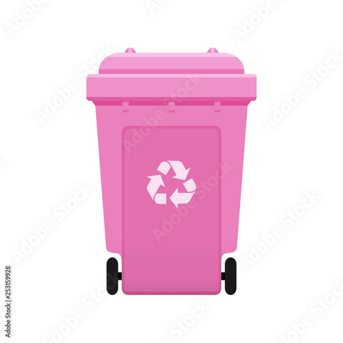 Bin, Recycle plastic pink wheelie bin for waste isolated on white background, Pink bin with recycle waste symbol, Front view of recycle wheelie bin pink color for garbage waste
