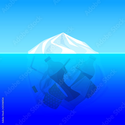 illustration plastic bag environment pollution with iceberg mountain glacier and trash garbage waste underwater ocean, concept dangerous from plastic bag and pollution environment ocean sea or river