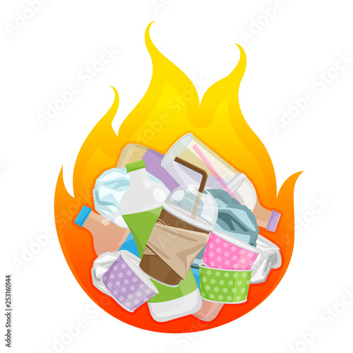 illustration of garbage burnt, burn waste plastic symbol, pollution from plastic in bonfire, plastic waste incineration fire flame, logo icon of waste incineration