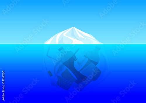 illustration plastic bag environment pollution with iceberg mountain glacier and trash garbage waste underwater ocean, concept dangerous from plastic bag and pollution environment ocean sea or river