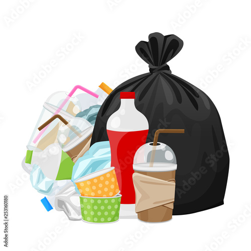 pile of waste dump and bag plastic black isolated on white background, plastic bottle garbage waste, plastic waste glass and paper cup garbage, illustration for garbage pollution