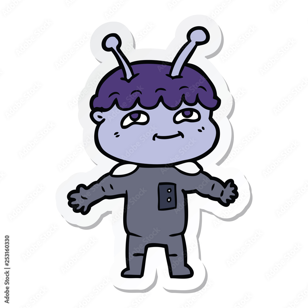 sticker of a friendly cartoon spaceman with open arms sticker of a friendly cartoon spaceman with open arms