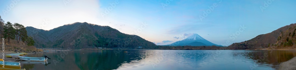 Mount Fuji or Mt. Fuji, the World Heritage, view at Lake Shoji ( Shojiko ). Fuji Five Lake region, Minamitsuru District, Yamanashi prefecture, Japan. Landscape for travel destination.