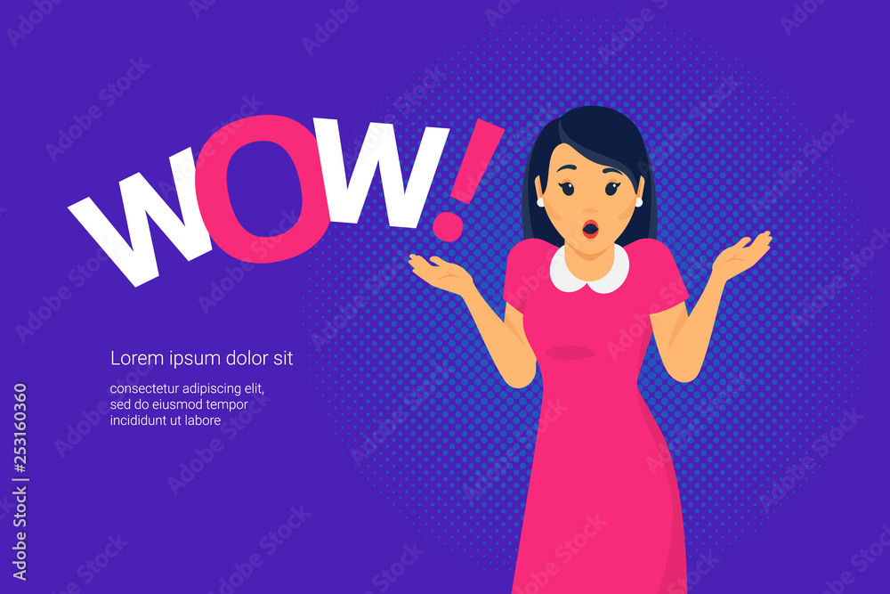 Wow emotion concept vector illustration of amazed young woman with open mouth making hands gesture Wow emotion concept vector illustration of amazed young woman with open mouth making hands gesture