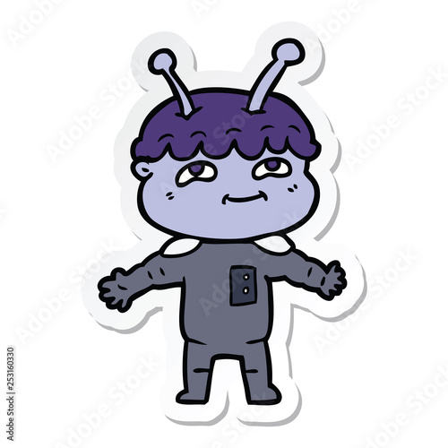 sticker of a friendly cartoon spaceman with open arms