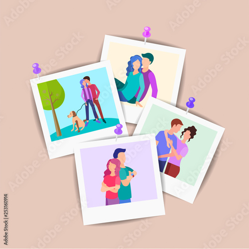 Polaroid photos of young lovers pinned to the wall.