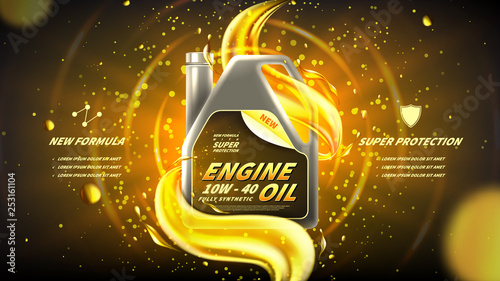 Engine oil advertisement banner. Vector illustration with realistic canister and motor oil splashes on bright background. 3d ads template.