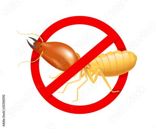 termite in prohibited red circle sign isolated on white background, logo insects termite, termite prohibition symbol for flat icons info graphic, illustration termites icon for chemical spray products