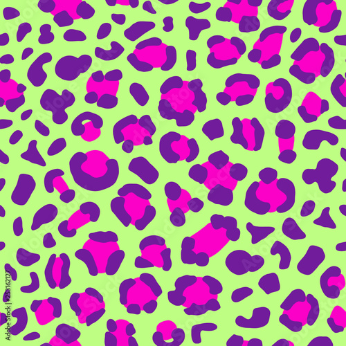 Vector abstract seamless bright animalistic leopard pattern with vivid pink and violet colored stains elements on the green background