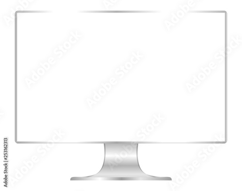 front of flat monitor white screen computer, pc display digital wide screen and slim, icon of monitor modern lcd, symbol 3d modern screen, mock up full screen desktop empty isolated white background