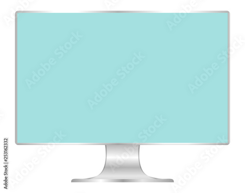 front of flat monitor light blue screen computer, pc display digital wide screen and slim, icon monitor modern lcd, symbol 3d modern screen, mock up full screen desktop empty isolated white background