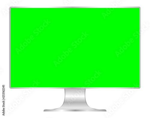 front of flat monitor green screen computer, pc display digital wide screen and slim, icon of monitor modern lcd, symbol 3d modern screen, mock up full screen desktop empty isolated white background