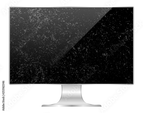 dirty dust on the computer black screen, mock up of dirty dust full screen desktop empty isolated on white background, dust on flat monitor black screen slim, dust dirty pc display digital wide screen