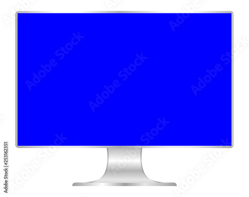 front of flat monitor blue screen computer, pc display digital wide screen and slim, icon of monitor modern lcd, symbol 3d modern screen, mock up full screen desktop empty isolated white background