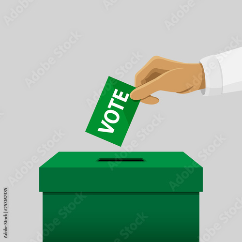 Election boxes, Hand Dropping a Ballot Card into the Vote Box, Boxes green and Election cards for vote Democracy General isolated gray background, Boxes for flat cartoon icon and copy space for banner