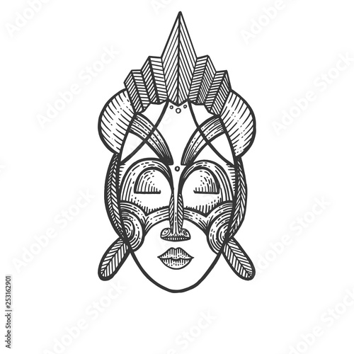 African mask of savages sketch engraving vector illustration. Scratch board style imitation. Hand drawn image.
