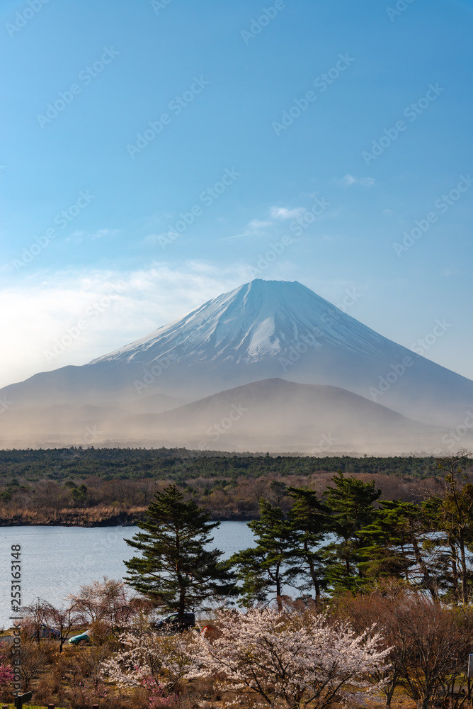 Landscape of Mount Fuji with natural fine sand flying up in the air. The World Heritage. view at Lake Shoji ( Shojiko ) in the morning. Fuji Five Lake region, Minamitsuru District, Yamanashi, Japan. Landscape of Mount Fuji with natural fine sand flying up in the air. The World Heritage. view at Lake Shoji ( Shojiko ) in the morning. Fuji Five Lake region, Minamitsuru District, Yamanashi, Japan.