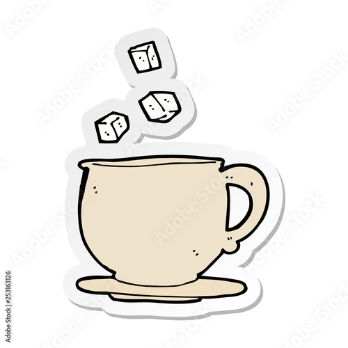 sticker of a cartoon teacup with sugar cubes