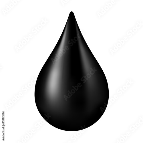 black crude oil drop isolated on white background, icon of drop of crude oil or petroleum, black crude oil drop and spill symbol, lubricant oil logo illustration