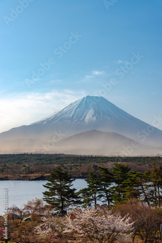 Landscape of Mount Fuji with natural fine sand flying up in the air. The World Heritage. view at Lake Shoji ( Shojiko ) in the morning. Fuji Five Lake region, Minamitsuru District, Yamanashi, Japan.