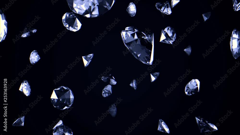 Abstract background with slowly falling upwards crystals or diamonds. The brilliants fall, rotate on a black background and shine of all edges.