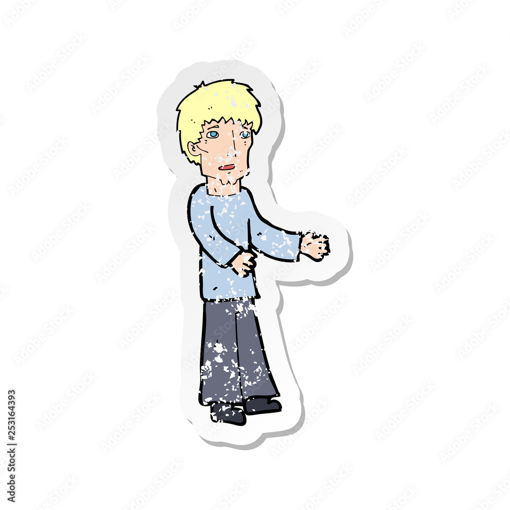 retro distressed sticker of a cartoon man explaining retro distressed sticker of a cartoon man explaining