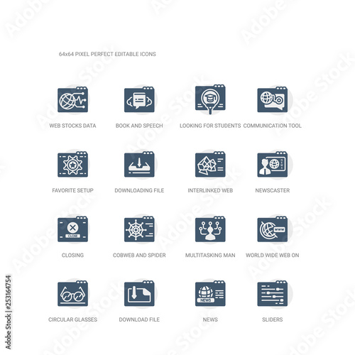 simple set of icons such as sliders, news, download file, circular glasses, world wide web on grid, multitasking man, cobweb and spider, closing, newscaster, interlinked web. related web icons