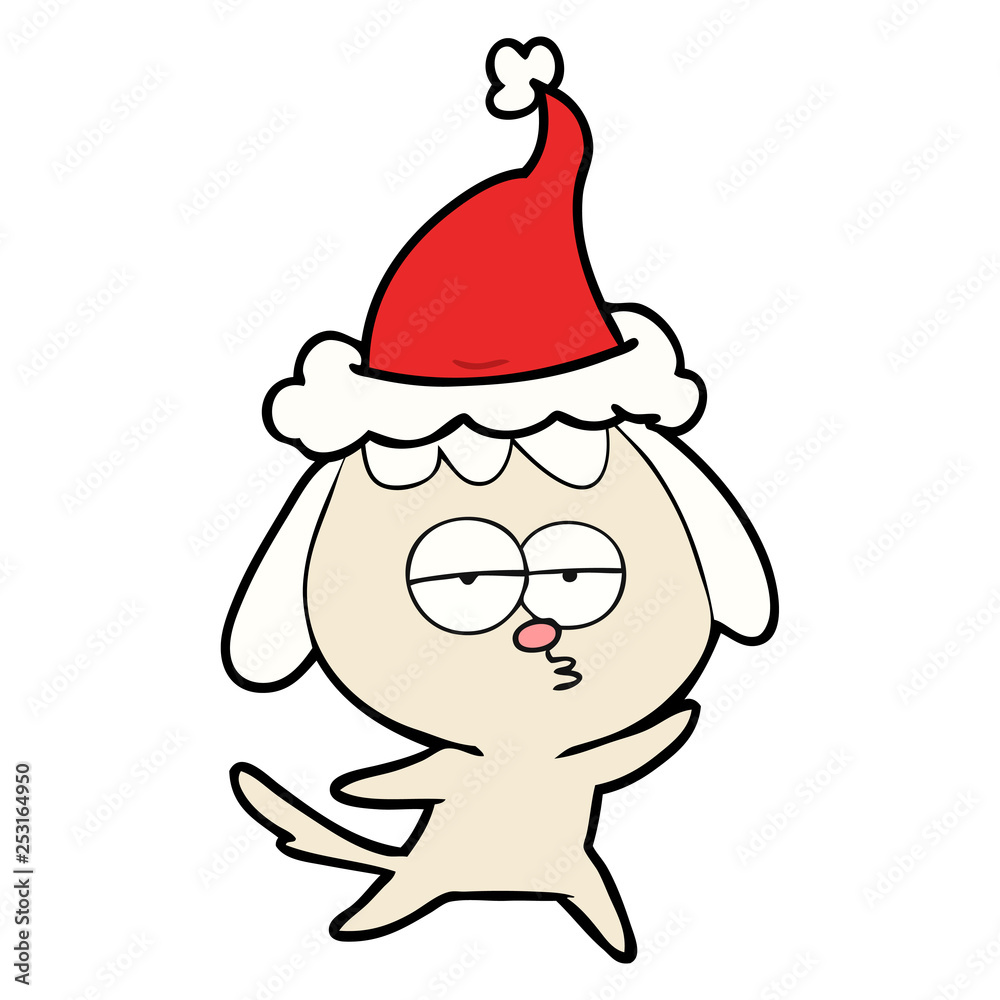 line drawing of a bored dog wearing santa hat
