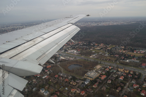 Looking Down at Warsaw, Poland Through an Airplane Window