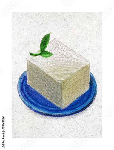 Tofy, Soy cheese with greens on a blue plate. Color pencil drawing photo