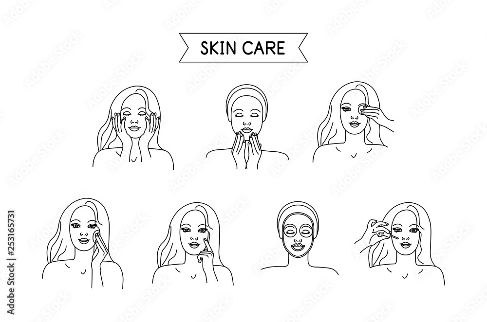 STEPS OF SKIN CARE. Vector illustration. Washing, removing make-up, toning, nutrition, moisturizing, Line style. Isolated on white background. Set for spa salon, eco cosmetics STEPS OF SKIN CARE. Vector illustration. Washing, removing make-up, toning, nutrition, moisturizing, Line style. Isolated on white background. Set for spa salon, eco cosmetics