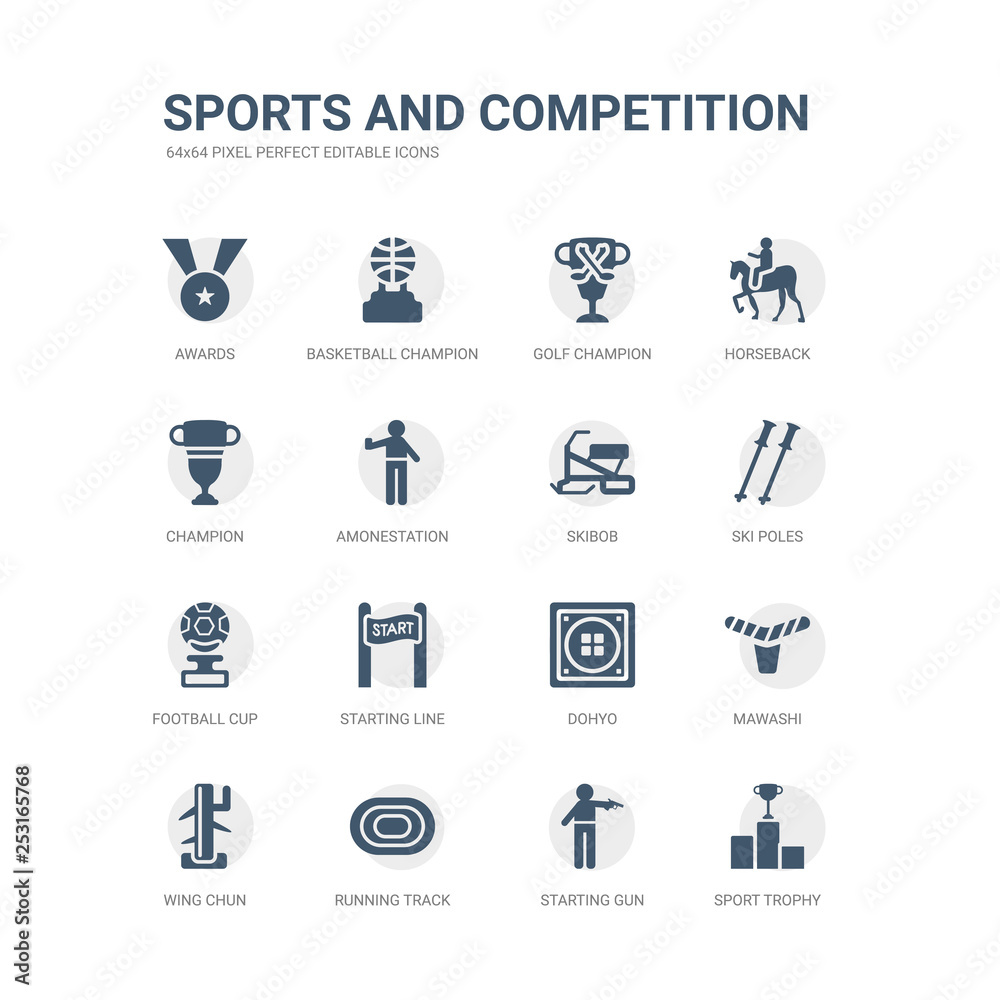 simple set of icons such as sport trophy, starting gun, running track, wing chun, mawashi, dohyo, starting line, football cup, ski poles, skibob. related sports and competition icons collection. simple set of icons such as sport trophy, starting gun, running track, wing chun, mawashi, dohyo, starting line, football cup, ski poles, skibob. related sports and competition icons collection.