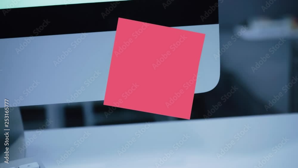 Paper sticker on the monitor. Reminder. Space for text. List of important cases. A message for an employee, a colleague. Place for the inscription. For tracking. Isolated. Office.