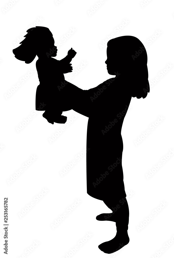 a girl playing with her doll, silhouette vector