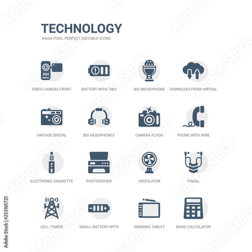 simple set of icons such as basic calculator, drawing tablet, small battery with medium charge, cell tower, tinsel, ventilator, photocopier, electronic cigarette, phone with wire, camera flash.